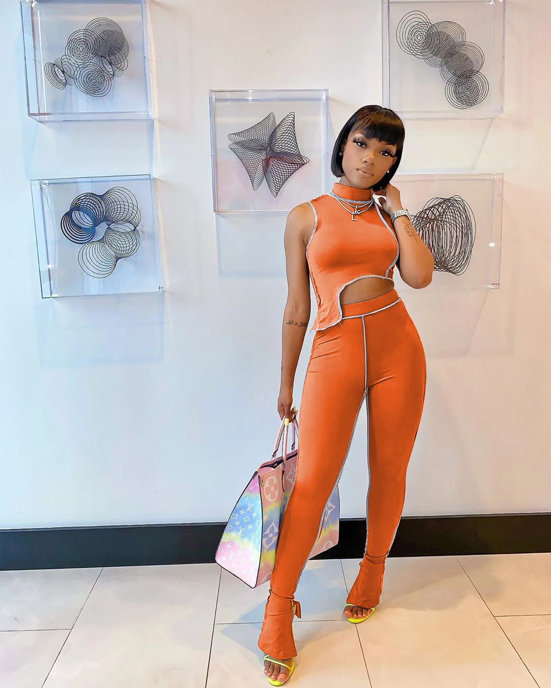 

Fashion Sexy 2 piece Women Clothing High Neck Top And Pants Tracksuit Fitness Outfits Matching Sets