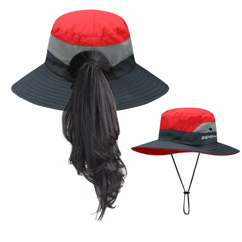 

HB24 Wholesale female summer popular fashion outdoor mesh ponytail sunscreen basin sun fisherman bucket hat cap