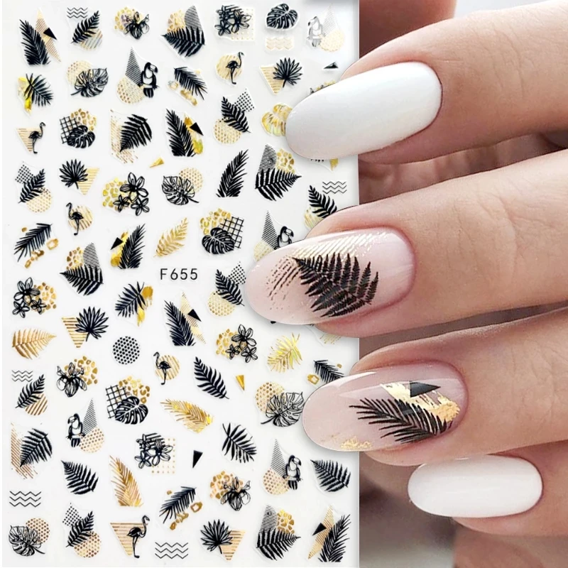 

2021 Hot sell Black Laser Gold Autumn Leaf 3D nail sticker holigram Coconut Tree Leaf Pattern nail art self adhesive sticker, There are 8 models in total, and each model has 4 different colors.