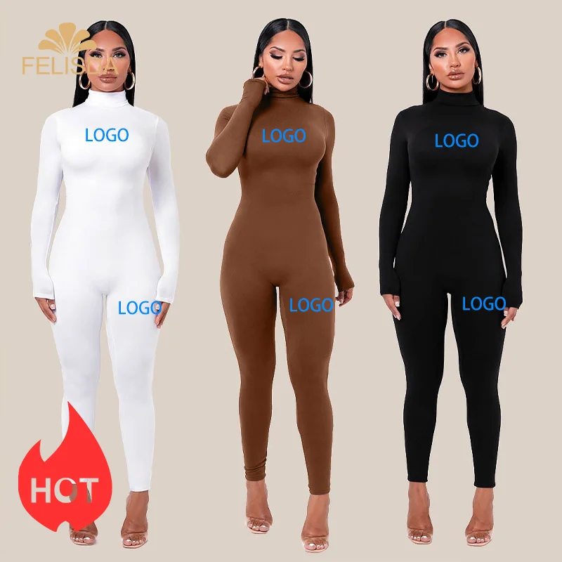 

Winter Long Sleeve Brown Sexy Bodycon Jumpsuit Women Romper One Piece Outfits Turtleneck Skinny White Black Jumpsuit Ladies