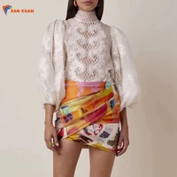 

Autumn latest design elegant white hollow out fashionable puff sleeve high neck womens winter tops shirts and blouses 2019