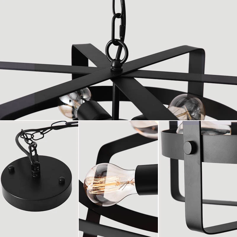 Antique Black Metal Drum Shape Round Pendant Light with 5 E26 Bulb  industrial light shade Sockets 200W Painted Finish