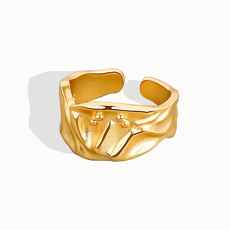 

Woman Ring Irregular Luxury Ring Gold Plated Texture Sterling Silver 925 Wave Open Adjustable Rings