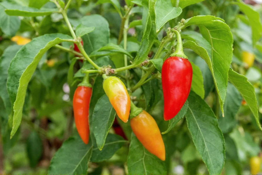Ghost chili pepper plant growing in tropical conditions with red and green pods on bush