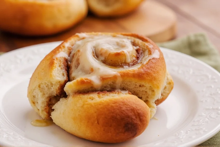 Perfectly baked golden brown cinnamon rolls with cream cheese frosting drizzled on top, showing distinct spiral layers and soft texture