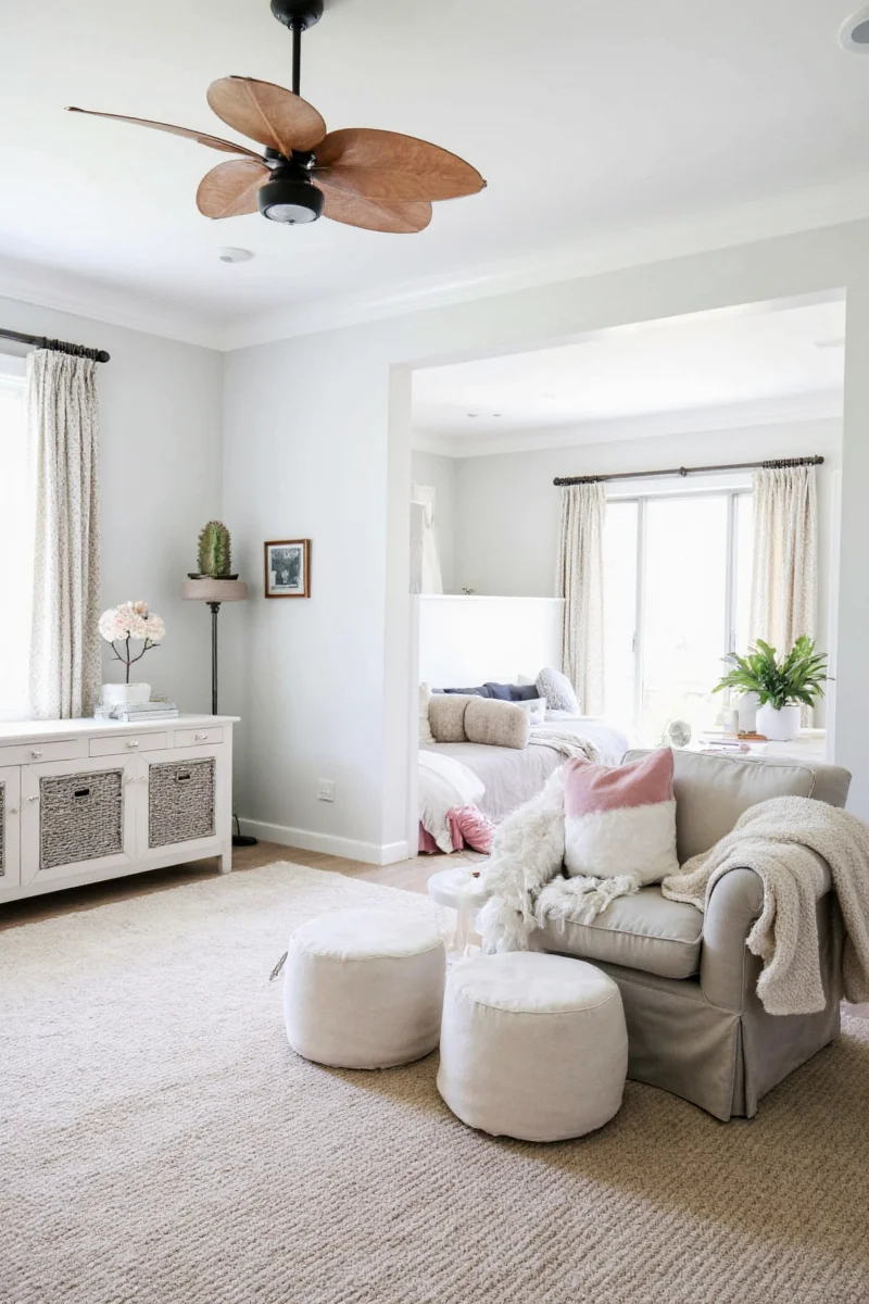 Guest room with neutral base and colorful accents