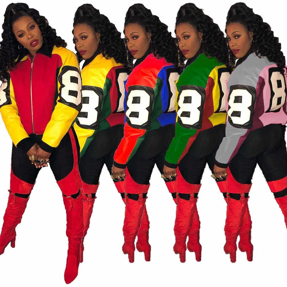 

Contrast Color Patchwork Women Coats & Jackets Active Wear Turn Down Collar Long Sleeve Outwear Hip Hop Casual Zipper Up Jacket