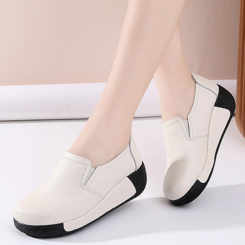 

Fashion Leather Slip On Thick Sole White Soft Slow Walk Wind Casual Shoes, Black,white,brown