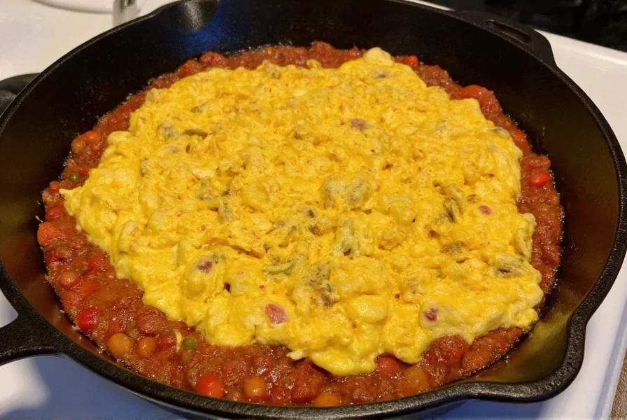 Scrambled eggs mixed with red chili con carne in a cast iron skillet
