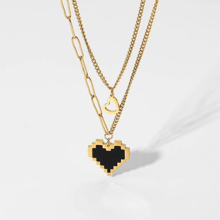 

Ins Cubic Stacking 18K Gold Double Layered Link Chain Stainless Steel Black Mosaic Heart Pendant For Women Trendy Jewerly