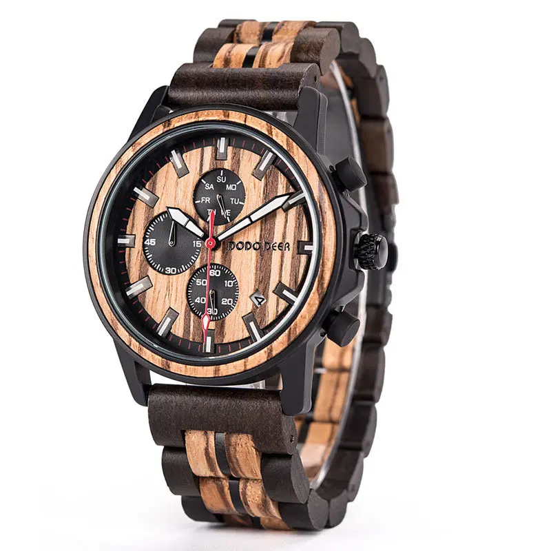 Auto Date Chronograph Men's Wood Watch Sapphire Crystal Pointer Dial Luxury Round 44MM 1pcs