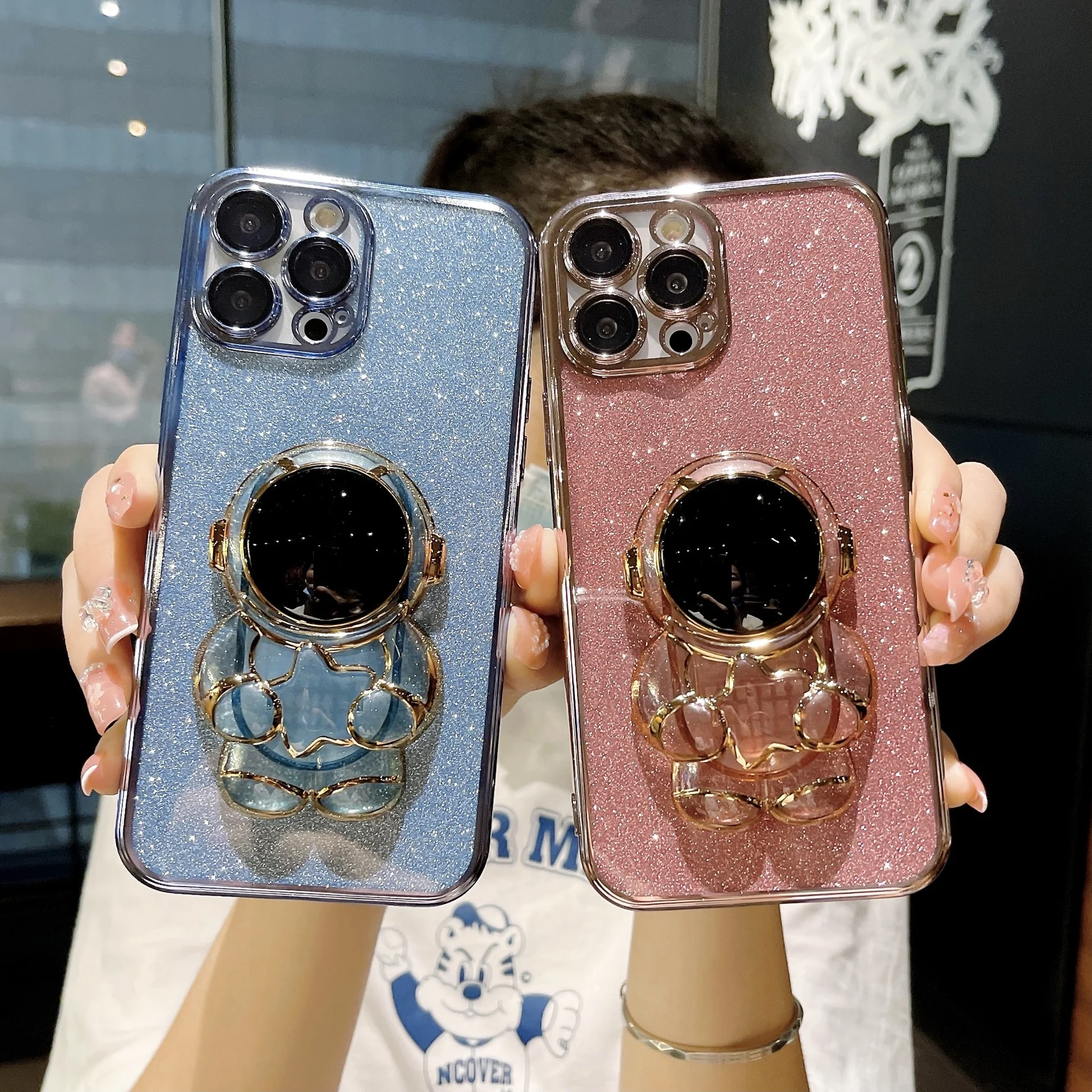 

WOWCASE Luxury Astronaut Fold Stand Holder Glitter Plating Mobile Phone Case for iPhone 11 12 13 14 Pro XS XR kickstand Cover