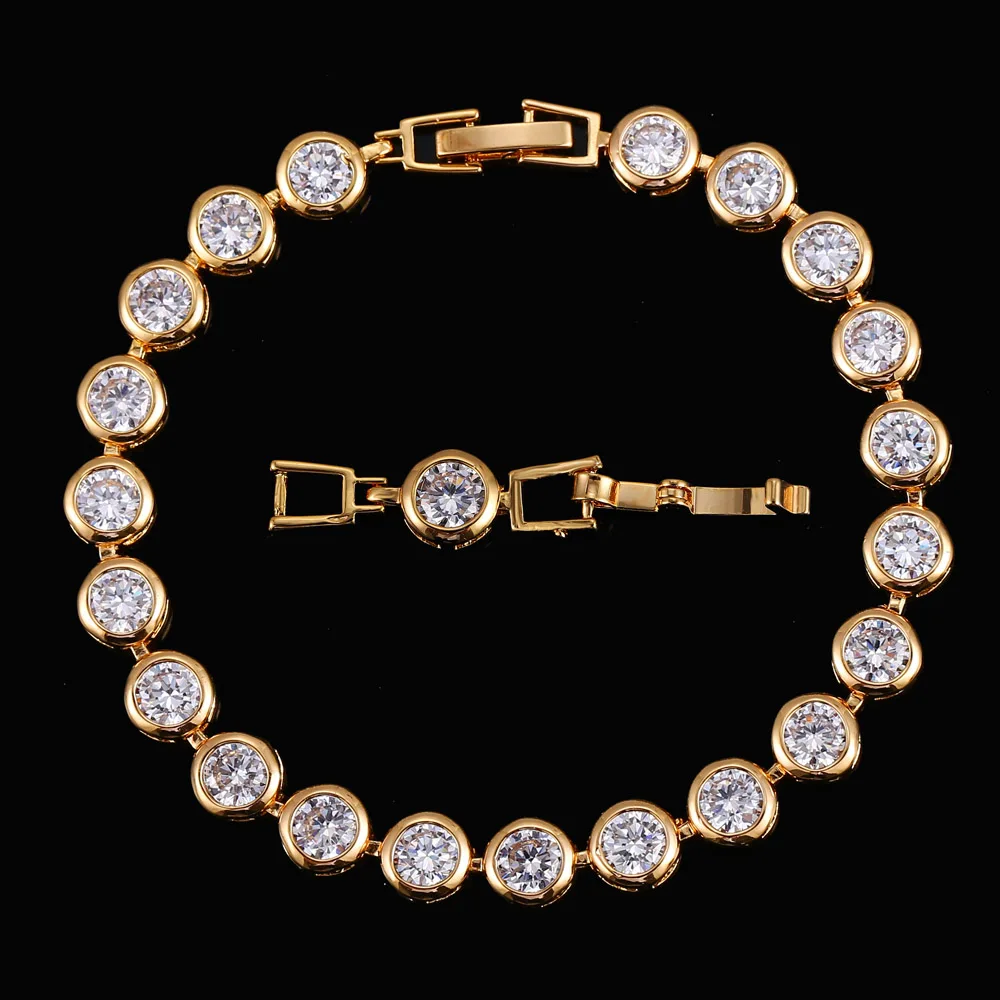 Sparkling White Cubic Zirconia 18k Gold Filled Chain Link Bezel Setting Round Tennis Bracelet for Women CZ Jewelry