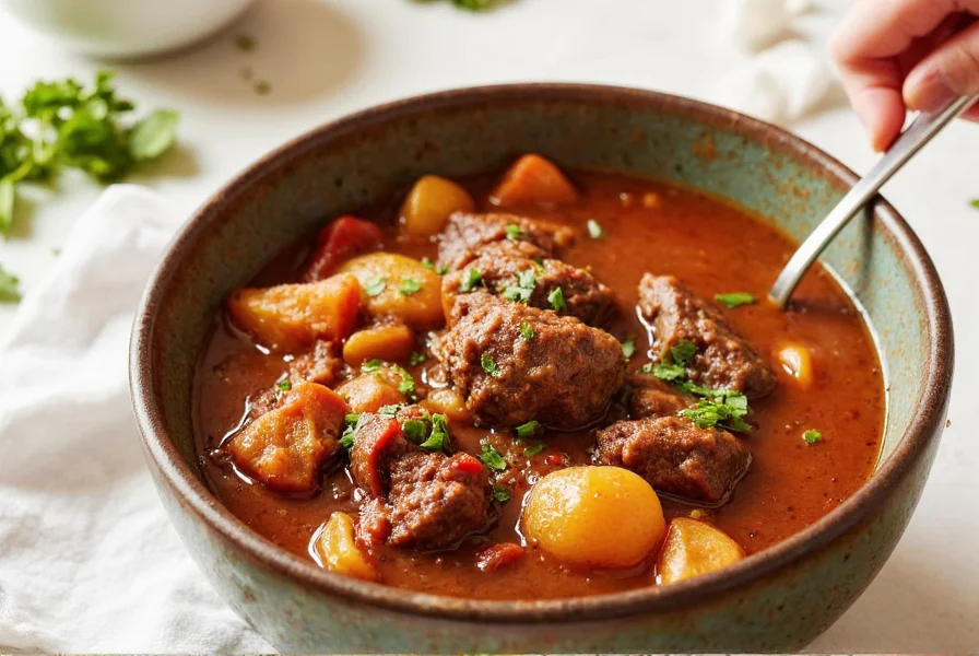 Beef stew in a cast iron pot with herbs nearby