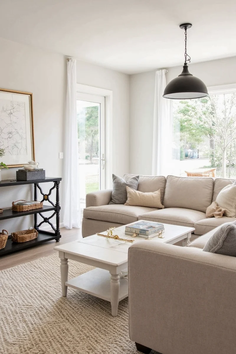 Layered lighting setup in a ranch-style kitchen