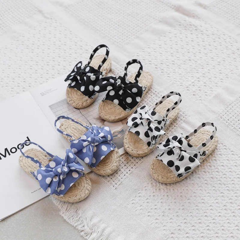 

2020 summer new sweet girl polka dot bow half drag rural wind weave girls sandals princess shoes, Blue /white/black