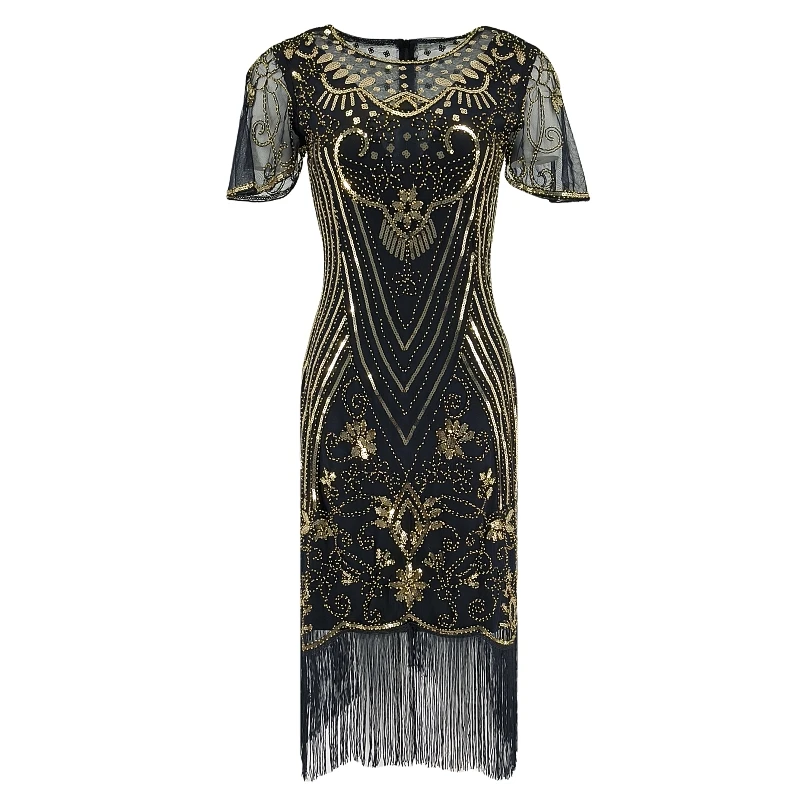 Plus Size Flapper Dresses 1920s Dresses for Women Crew Neck Great Gatsby Dresses with Sleeve Roaring 20s Dress for Harlem Nights