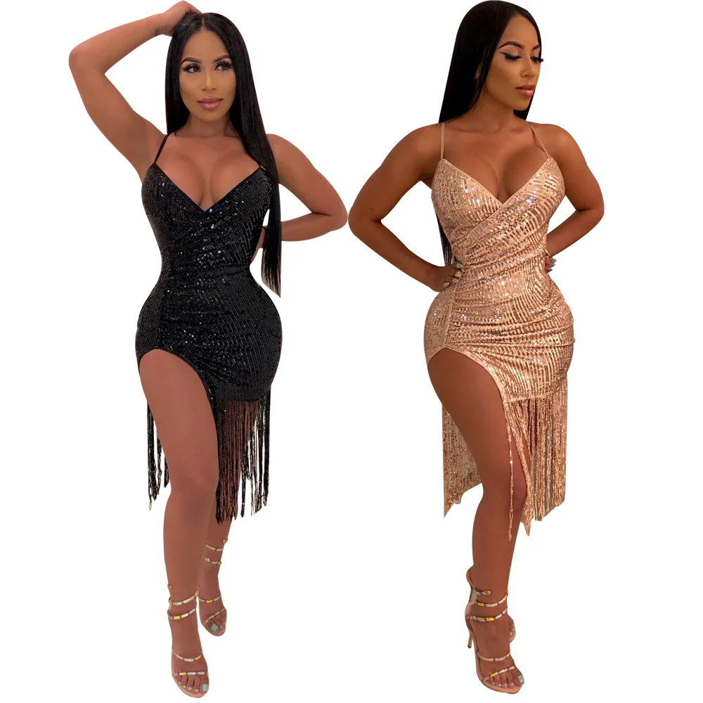 

Tassels Spaghetti Straps Party Prom Women Sexy Gold Mini Short Bodycon Evening Club Sequin Dress, As pictures showed