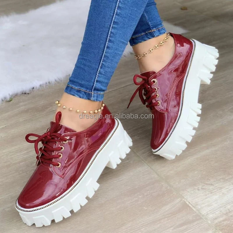 

Brand Designer Women Single Shoes Microfiber Leather Lace Up High Quality Round Toe Mary Jane Shoes Low Heel Platform Pumps 2022