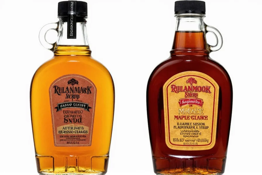 Side-by-side comparison of authentic Runamok maple syrup bottle next to generic maple-flavored syrup showing differences in color and label information