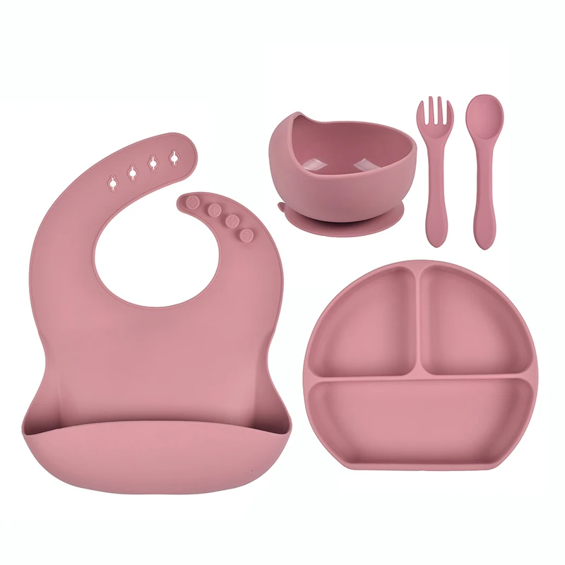 

5 Pack silicona de bebe feeding supplies baby snack container bowl suction plate bib spoon fork set, Multi color
