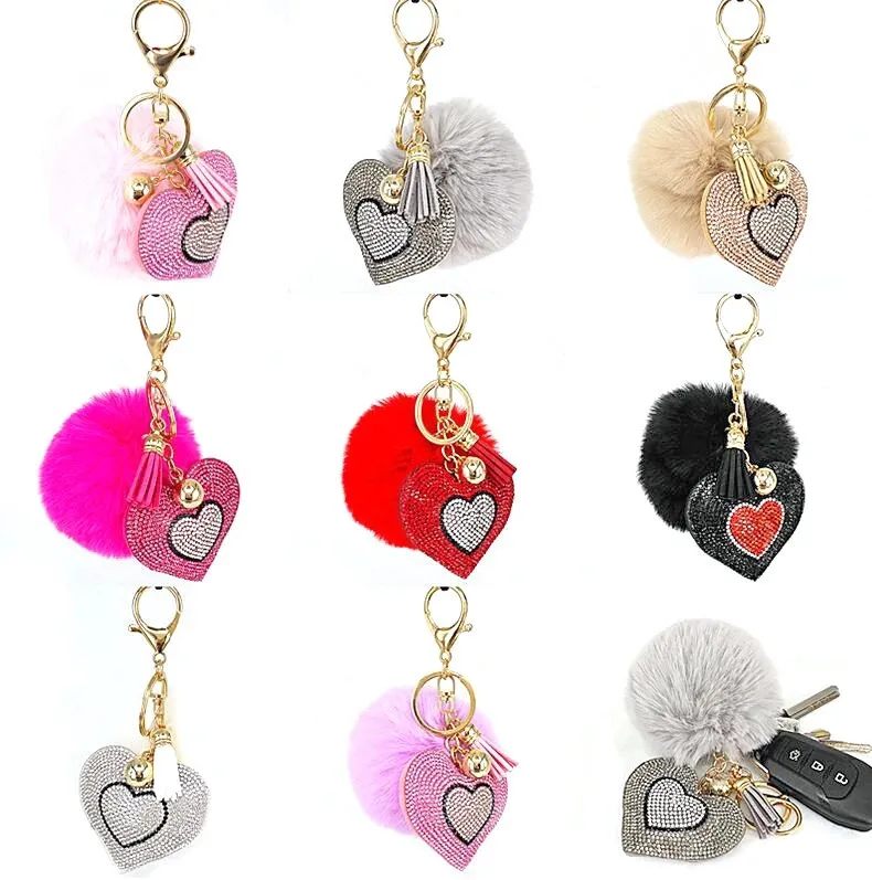 

Wholesale Bag Accessories Cute Heart Crystal Puff Keychains Custom Fluffy Keychain Pom Pom Keychain