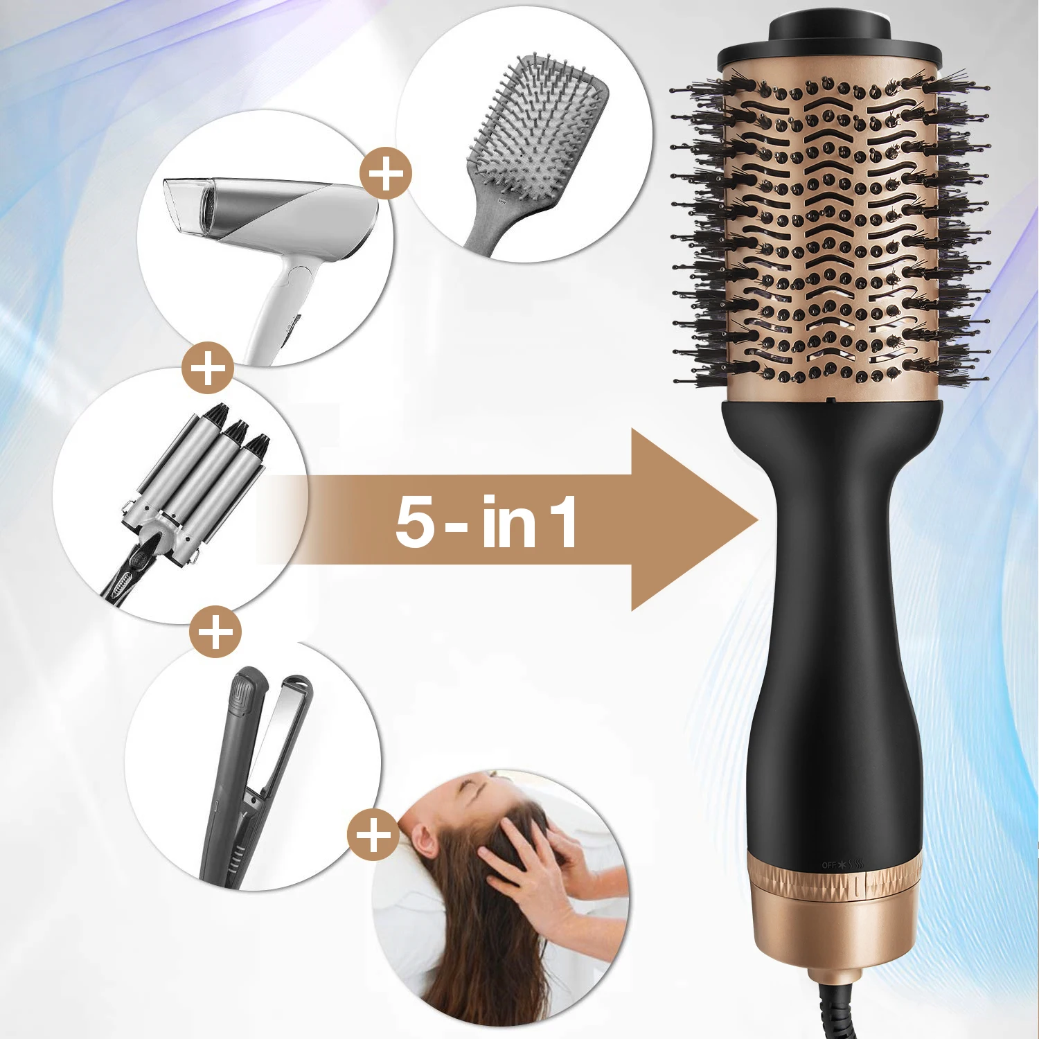 

hot selling amazon professional 24k gold electric hair styling one step hair blow dryer round volumizer hot air brush styler, Black (other color's moq=1000pcs)