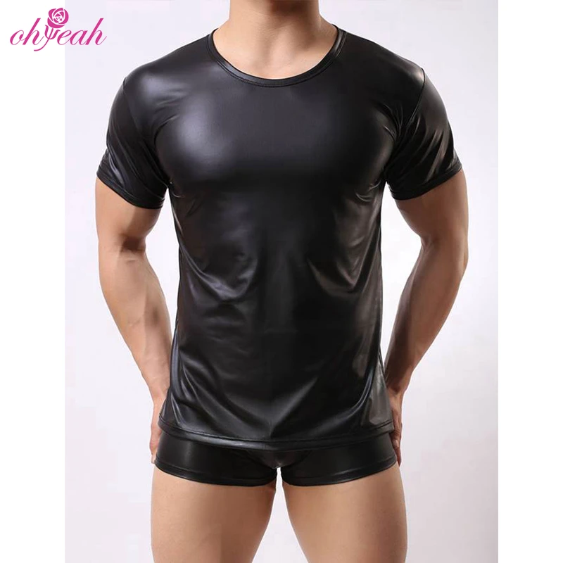 

Dropship black leather pvc elastic compression mens tank top undershirt