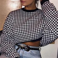 

Houndstooth Top Splice Contrast Color Round Neck Sweatshirt Chemisier Femme Camisetas