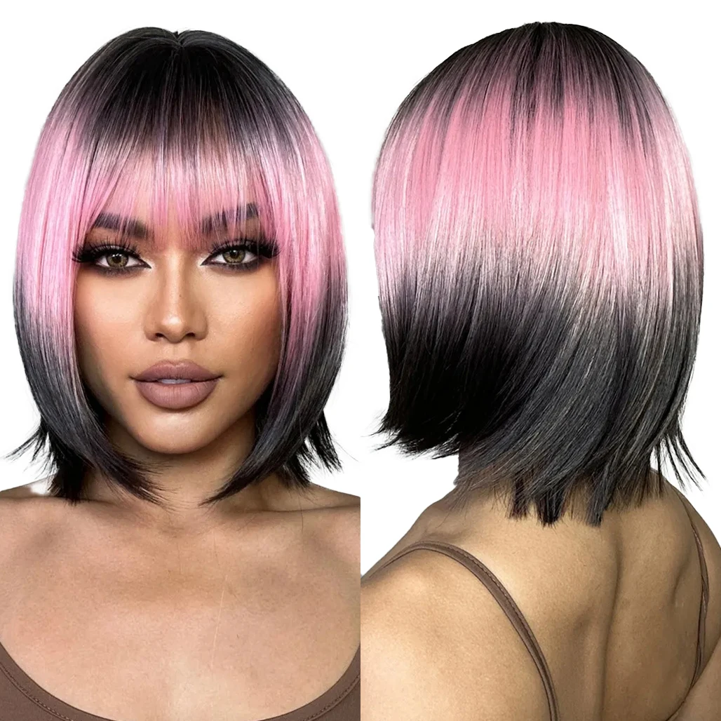 Immediate Delivery Ombre Pink Brown Bob Straight Wigs Short Colorful Synthetic Wig with Bang for Cosplay Party Women