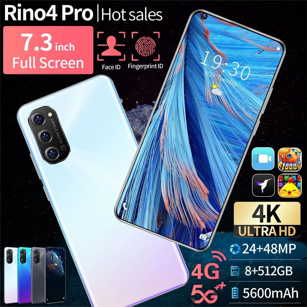 

Cheap Rino4 Pro 10core 8GB+512GB 5600mAh MTK6889 7.3'' HD full screen 24MP+48MP rear camera fingerPrint ID face unlock