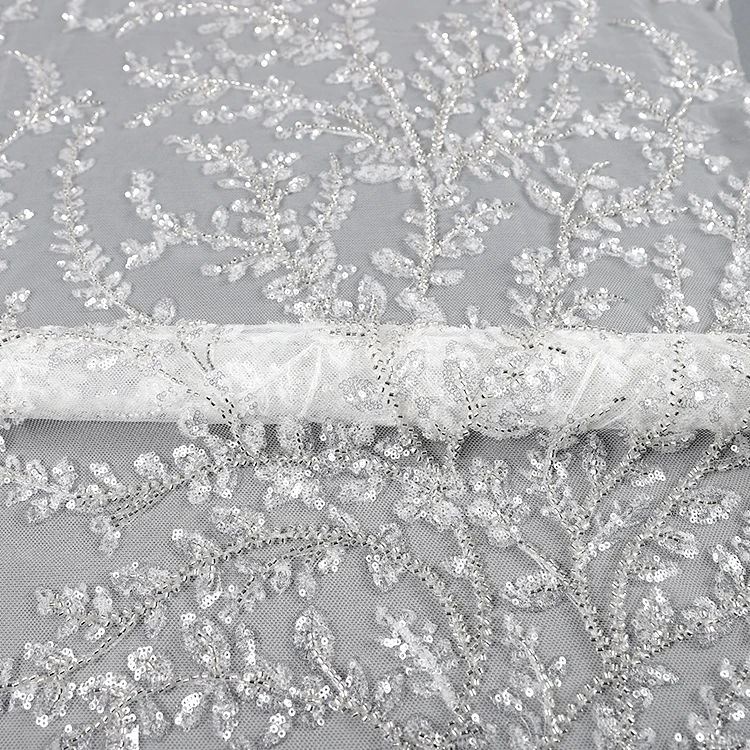 

MX695 High Quality White Wedding Gown Lace White Tulle bead Luxury Embroidery Lace Fabric With Sequin