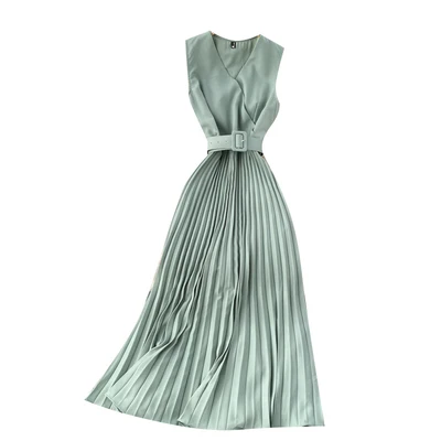 

2021 Customized Tags Summer Women French Vintage Sleeveless Belt Dress
