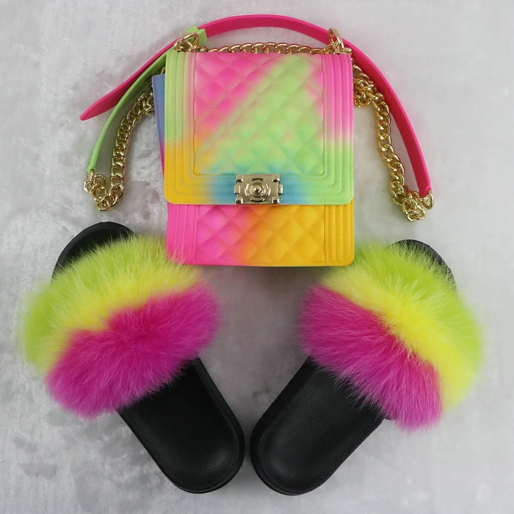 

Wholesale New arrival women summer spring pvc jelly handbag fur slippers set ladies purses and sandals sets, 20 color options