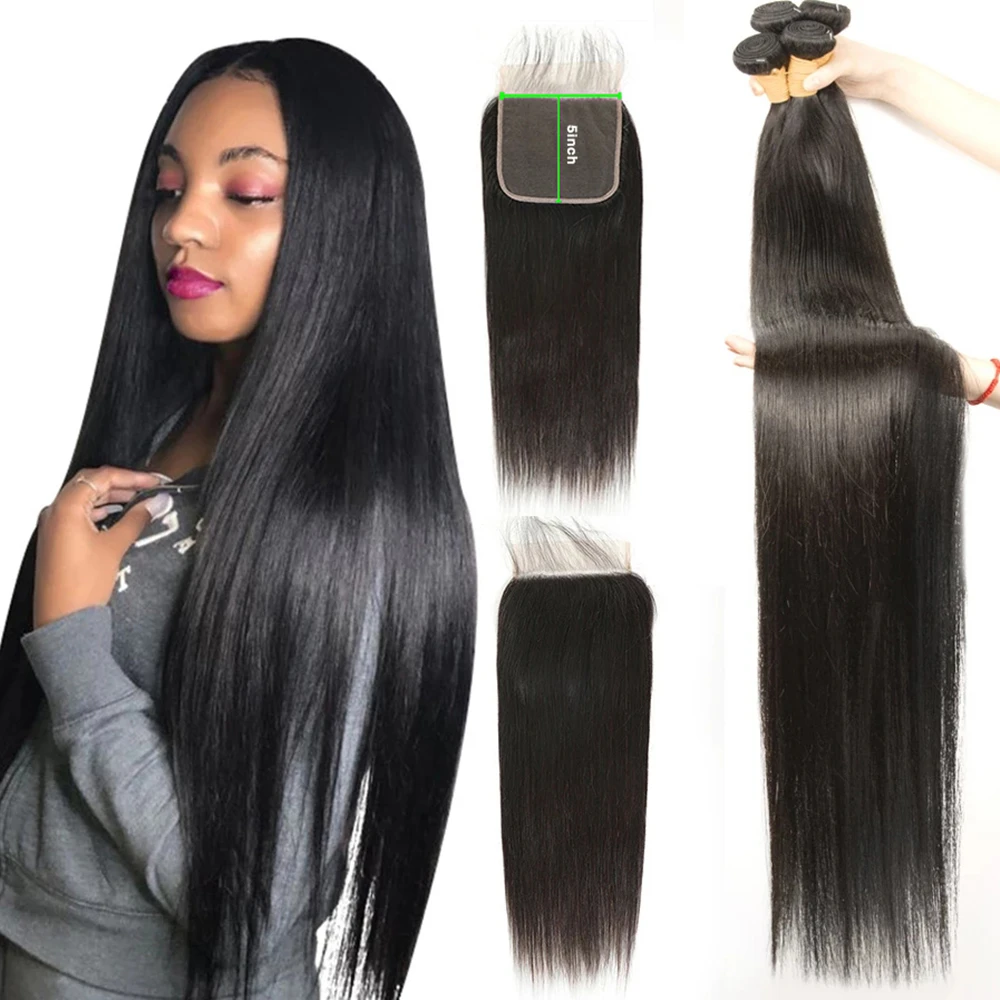 

12-28 inch Human Hair Bundles with Closure Transparent Lace 5x5 Closure With Bundles Peruvian Straight Hair Bundels with Closure