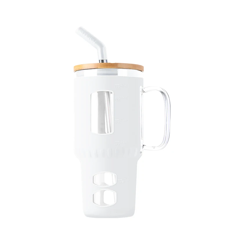 

JM Selling Travel Drink Ware Borosilicate Glass Cup Drinking Beer Mugs Glasses With Bamboo Lids with Straw