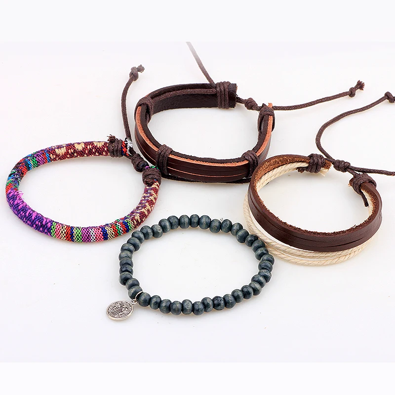 mens charm  Multilayer Leather Beads Wooden  Ropes Hemp Bohemia combination beads wooden braided leather Bracelet