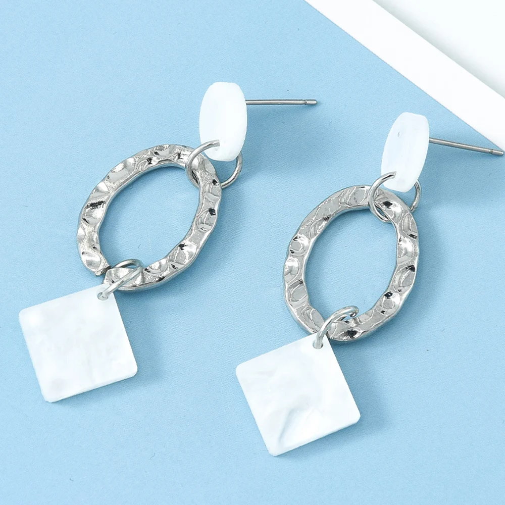 

Veijer Female Unique White Silver Earring Acrylic Geometric Round Drop Earrings