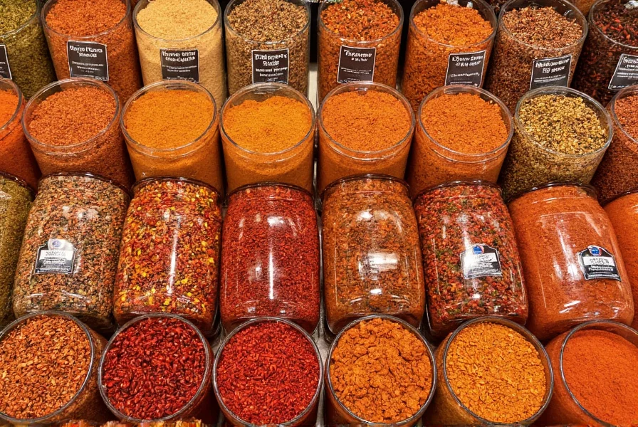 Various types of powdered chili in glass jars with spice labels showing different varieties and colors