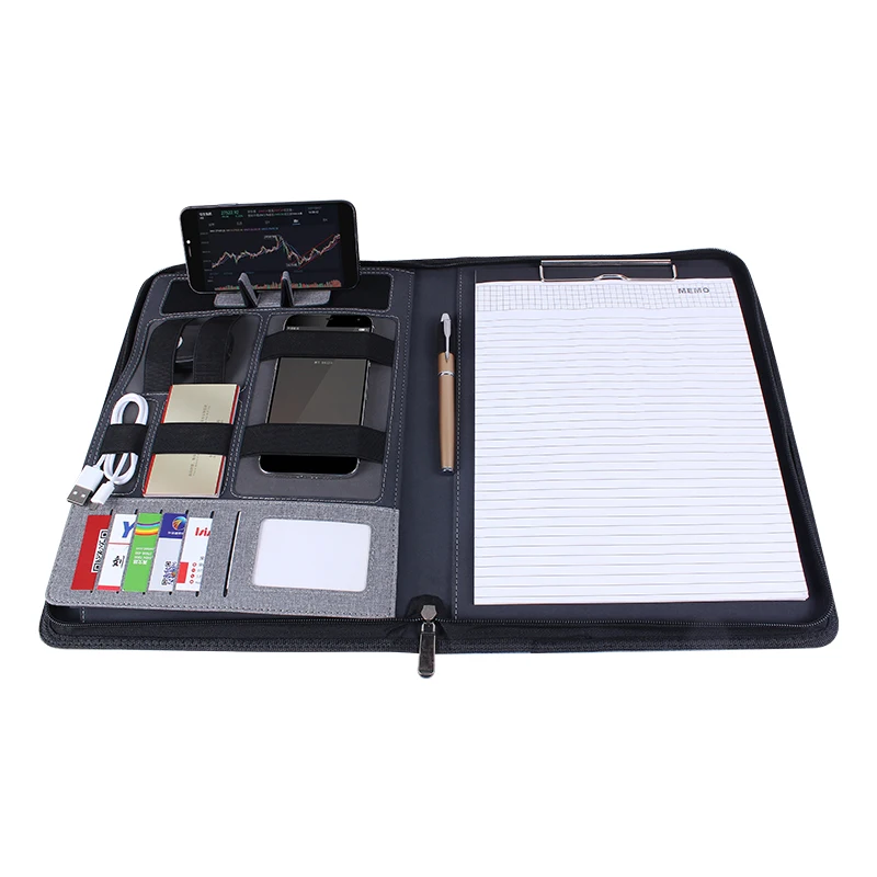 Customized a4 file with portable power charging notebook multi-function manager folder