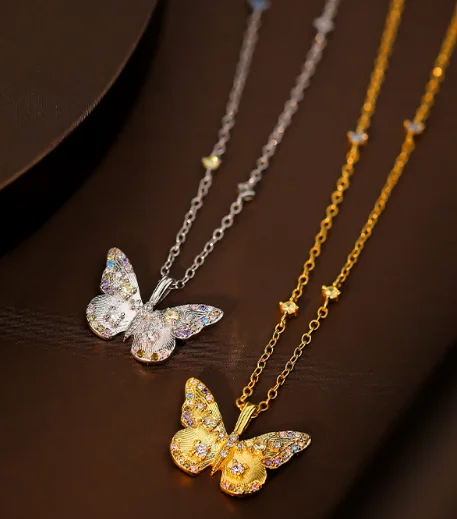 Wholesale Fashion Jewelry 925 Sterling Silver Color butterfly Zircon Gold Plated Necklace Jewelry for Women
