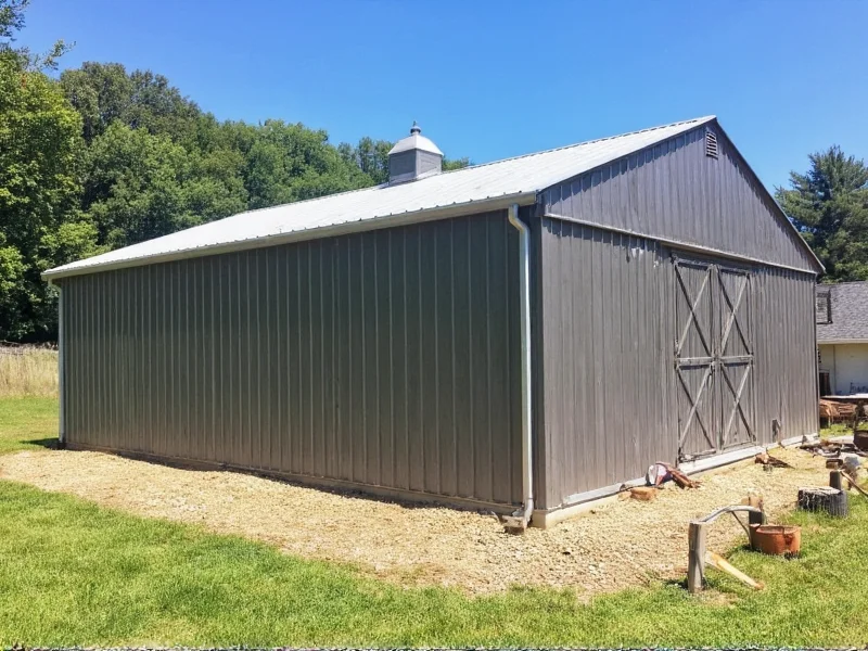 Finished DIY metal building project in a backyard setting
