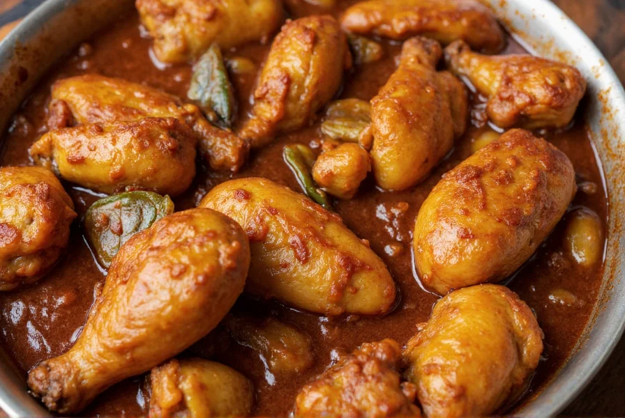Close-up of traditional Filipino adobo chicken simmering in dark sauce with garlic and bay leaves