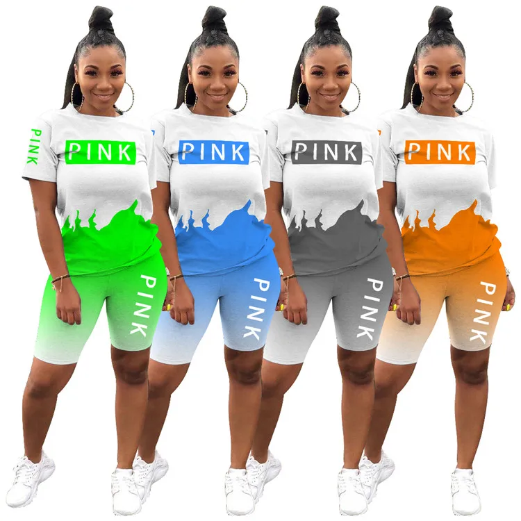 

Summer Jogging Tracksuit Print T-shirt Shorts Plus Size Women Sport Two Piece Set