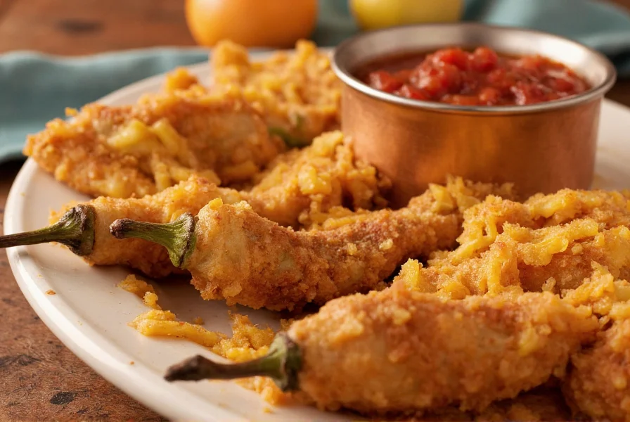 Close-up of traditional chili rellenos showing roasted poblano peppers stuffed with cheese, battered and fried, served with tomato sauce