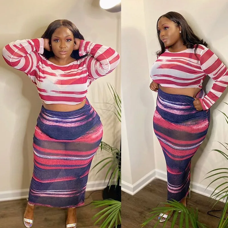 

New style plus size women clothing long sleeve stripe two piece set fall 2021 women clothes