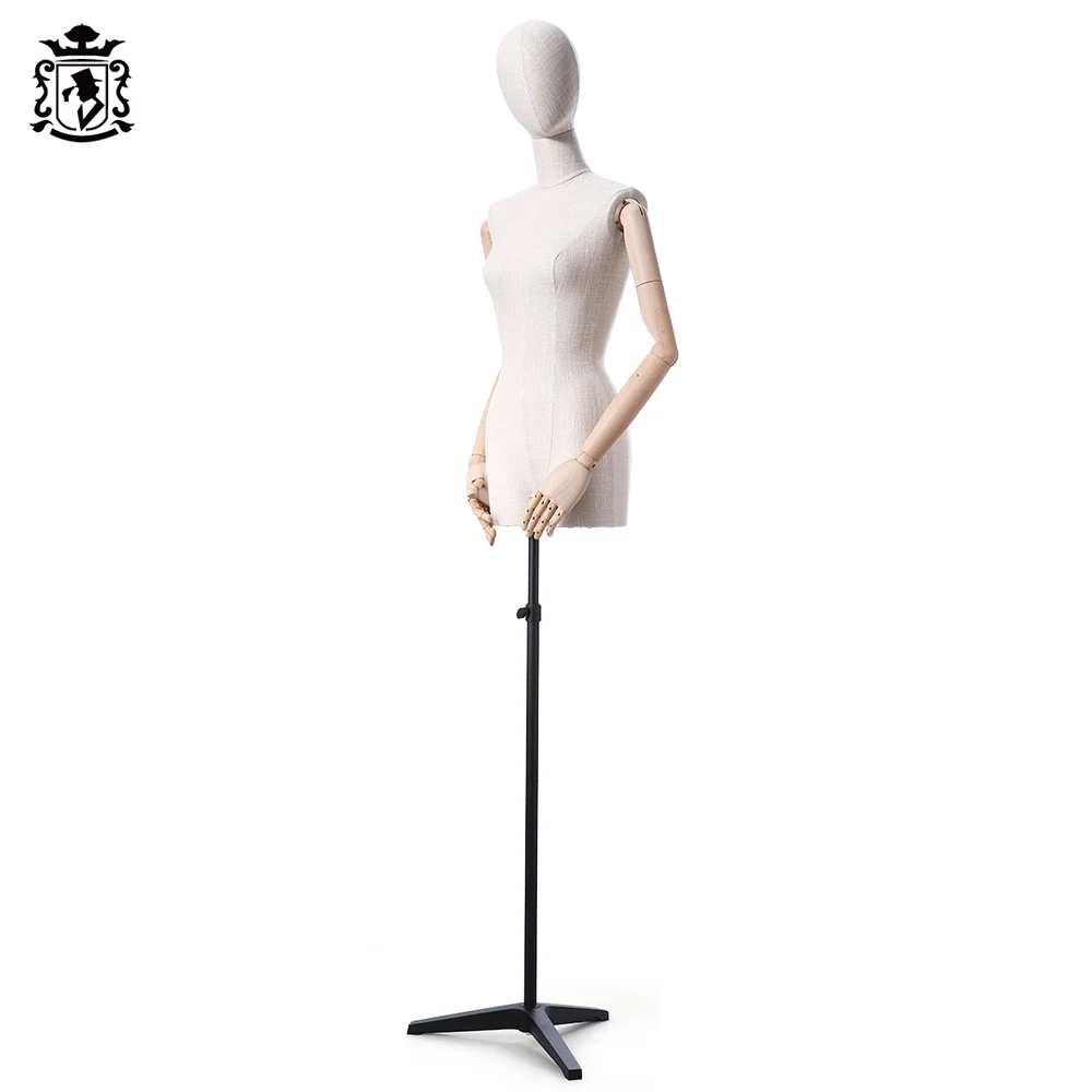 

UK Warehouse Linen Mannequin Torso Stand Female Half Body Dressmaker Dummy Dress Form With Wooden Arms, Beige