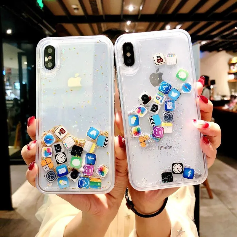 

Liquid Glitter Case Fit For iPhone 11 Pro Max, Hard Back Colorful Bling Quicksand with iOS icon Apple APP Shine Phone Case, Just as following photos