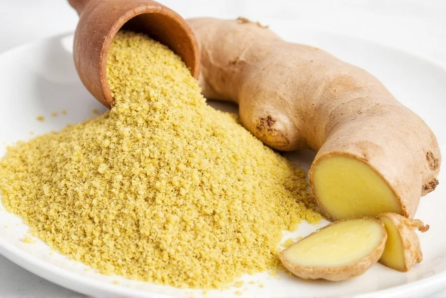 Various ginger substitutes arranged on kitchen counter including fresh ginger root, ground ginger, ginger paste, and spice jars