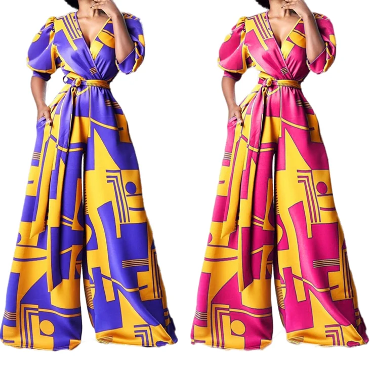 

C8420 2021 summer European and American women's romper waist strap high waist V-neck printing wide leg pants African Jumpsuit